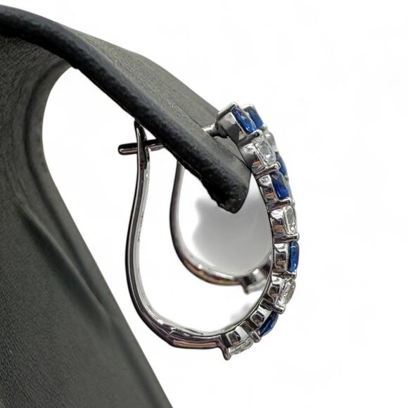 Blue Sapphire White Sapphire Leverback Earrings 925 Sterling Silver Hoop Huggie - Picture 4 of 8